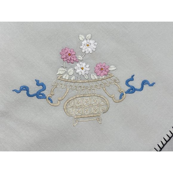 Vtg Handmade Embroidered Needlepoint Small Tablecloth Floral Ribbons Pink Blue 3 - Picture 3 of 12